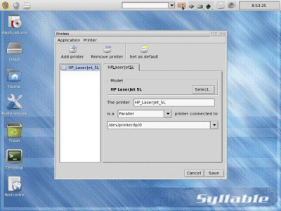 Linux: SYLLABLE: Tela de configuração de impressoras do Syllable