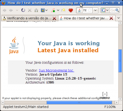 Linux: Verificando a versão do Java em qualquer navegador